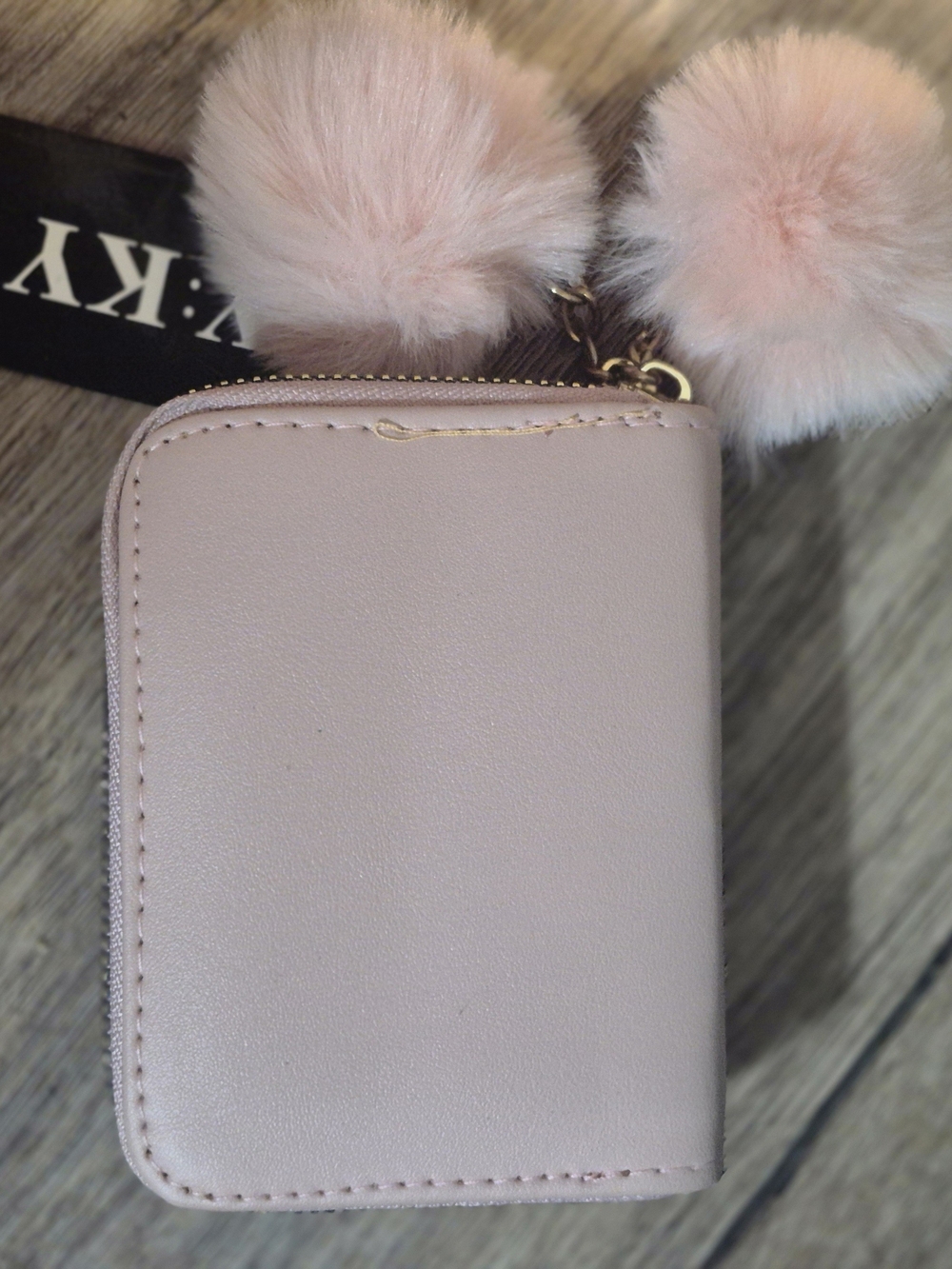 Pink Faux Leather Wallet with Pom-Pom Charm